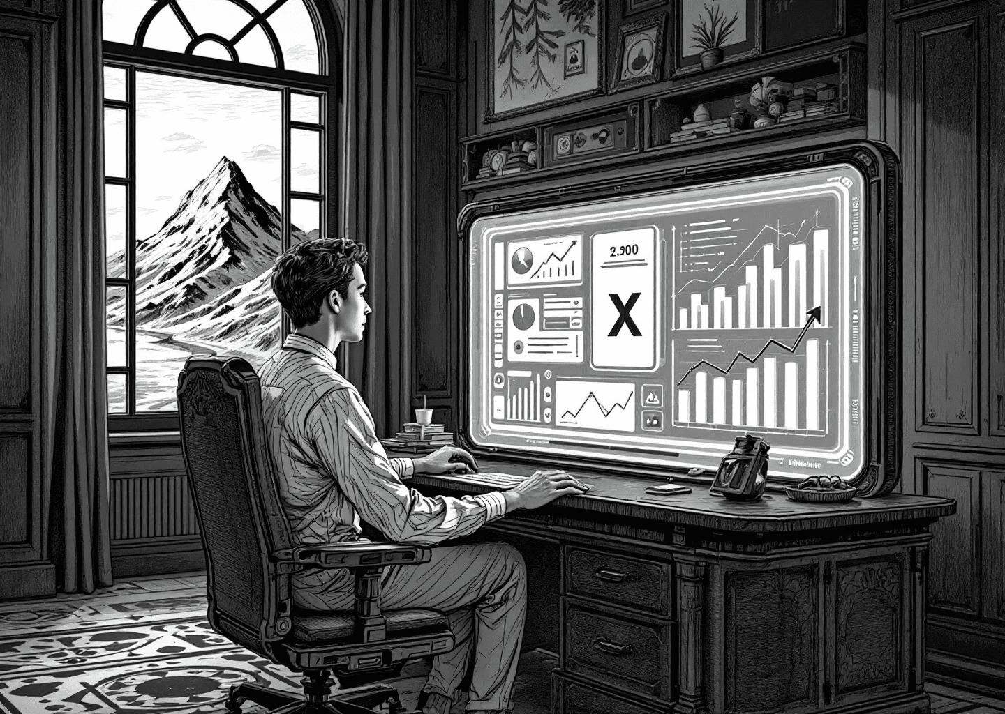 Victorian engraving style illustration of a person at a large wooden desk, examining charts and graphs on a futuristic, glowing screen. The screen shows the X logo, upward trending lines, and notification bell icons. Outside the window, a stylized path climbs a mountain, representing growth. The mood is one of focused, intelligent analysis.