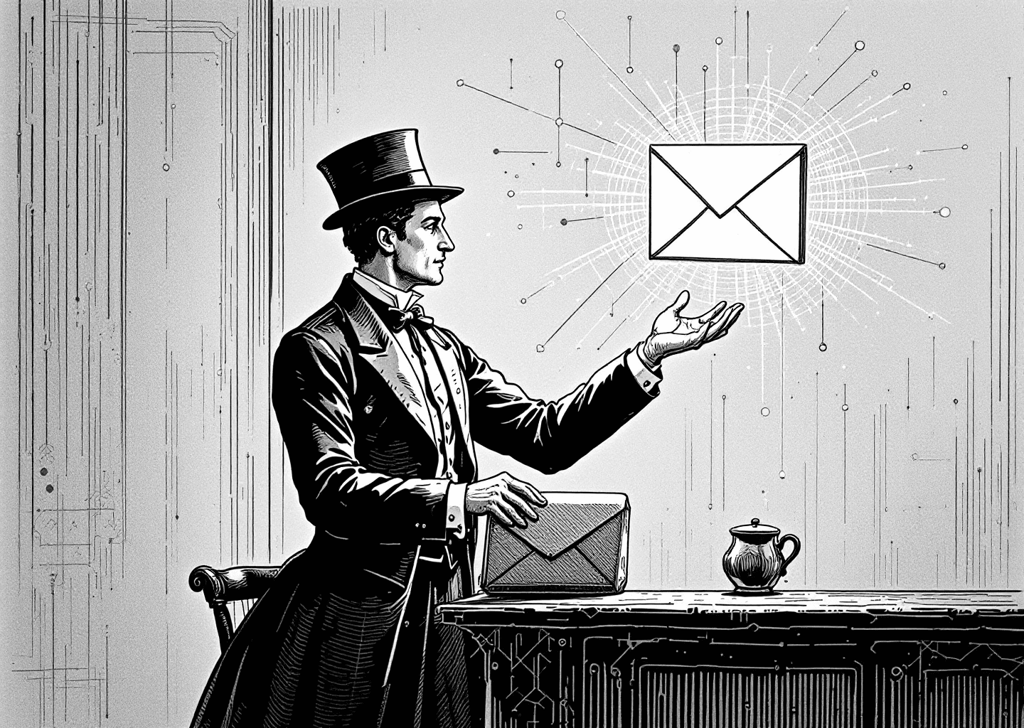A Victorian engraving style illustration. A central figure is carefully connecting a classic X/Twitter bird icon to an old-fashioned envelope icon with a glowing digital line, symbolizing the conversion of followers to subscribers. In the background, an upward trending graph is etched onto a wall, and subtle neural network patterns overlay the scene. The style is detailed, monochrome with high contrast.
