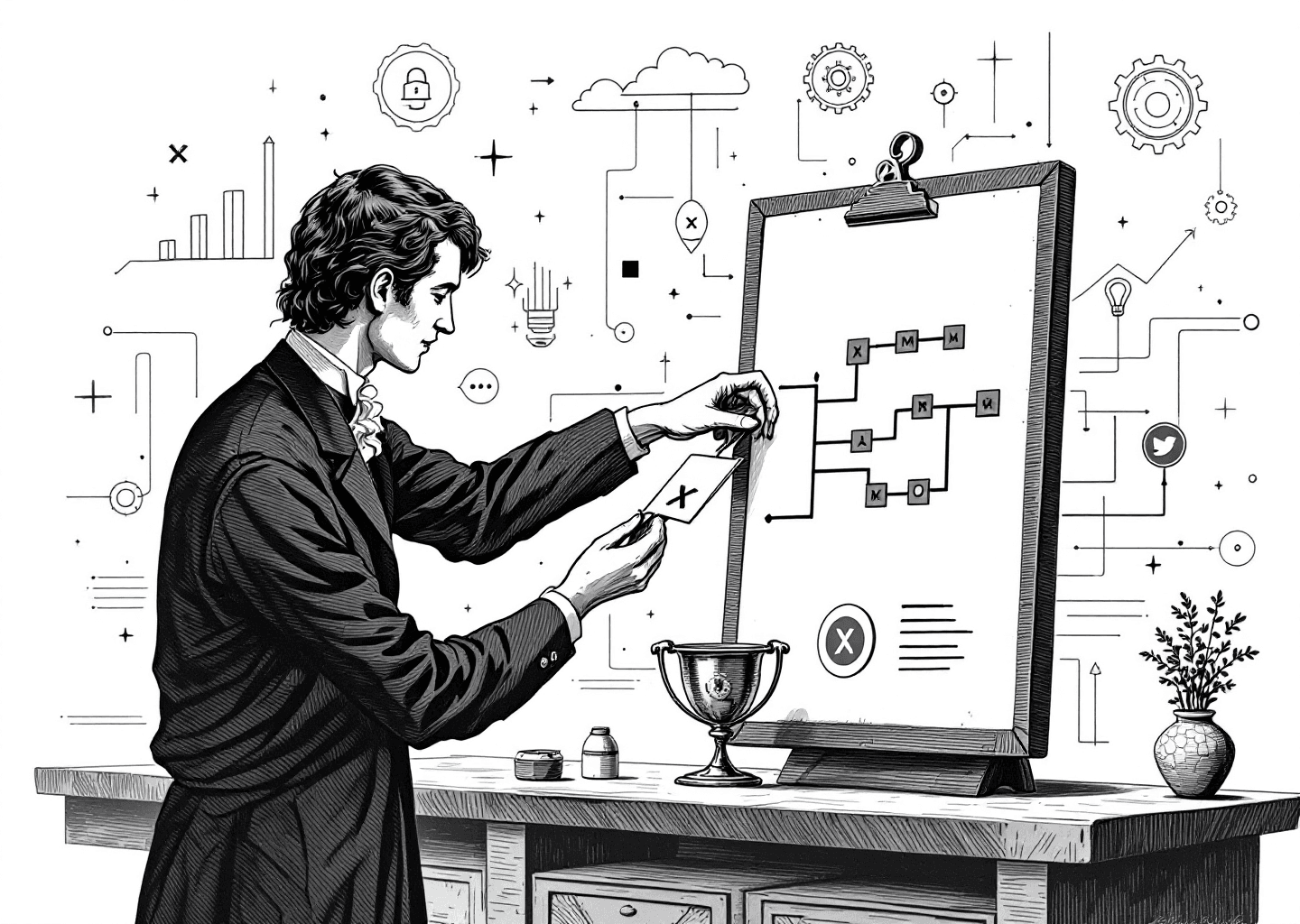 A Victorian engraving style illustration depicting a figure carefully placing a label, stylized with an X logo, onto a complex branching diagram representing a social media network. In the background, subtle elements like upward-trending charts, gears, and faint neural network patterns suggest growth and AI-powered strategy. The overall tone is one of precision and intelligence.