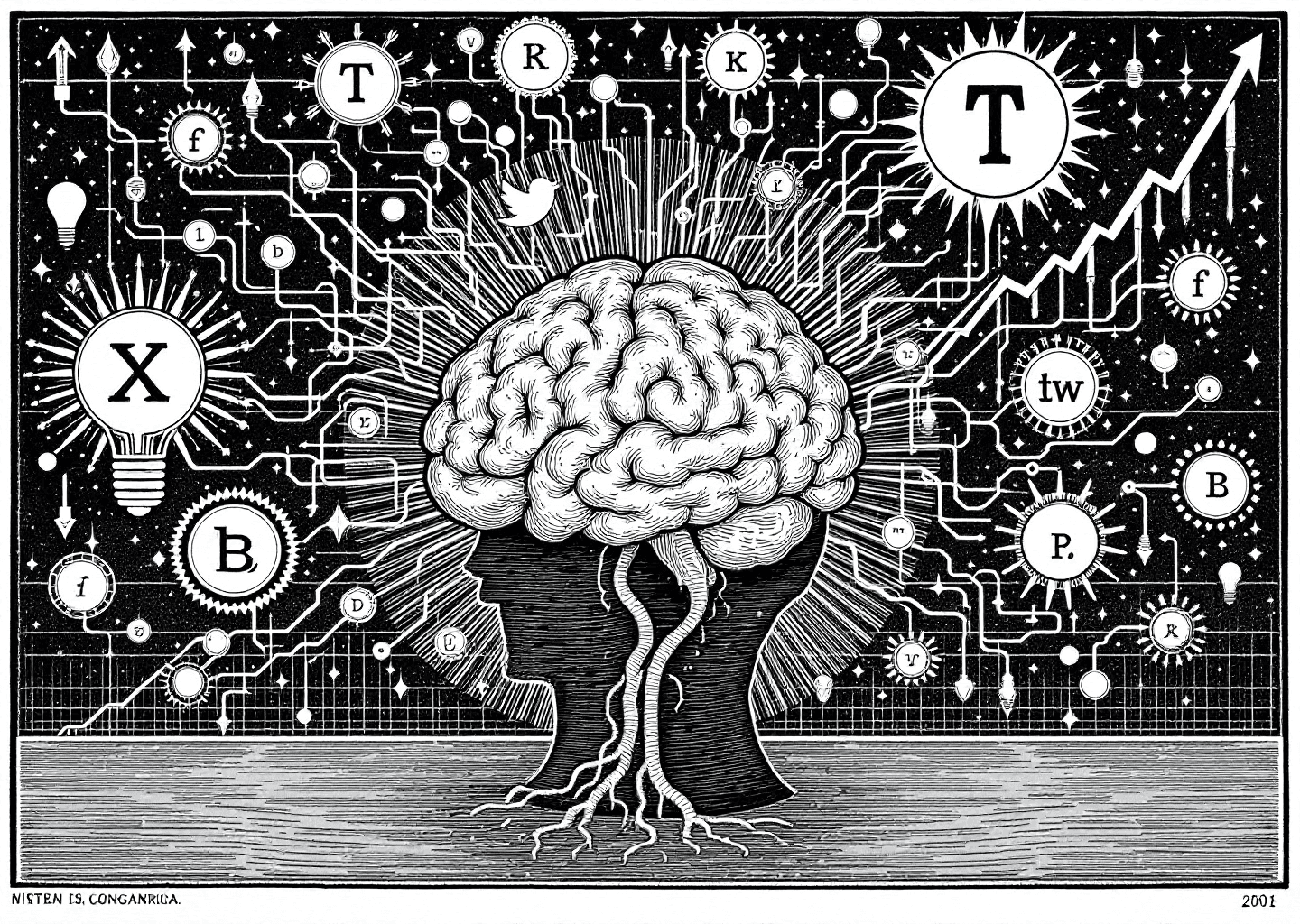 Victorian engraving style illustration of a human brain with a glowing X/Twitter logo at its center. From the brain, intricate threads connect to bookmark icons and lightbulbs, symbolizing the generation of ideas. In the background, a subtle graph shows an upward trend. The style is detailed, monochromatic, with a Da Vinci-esque feel.
