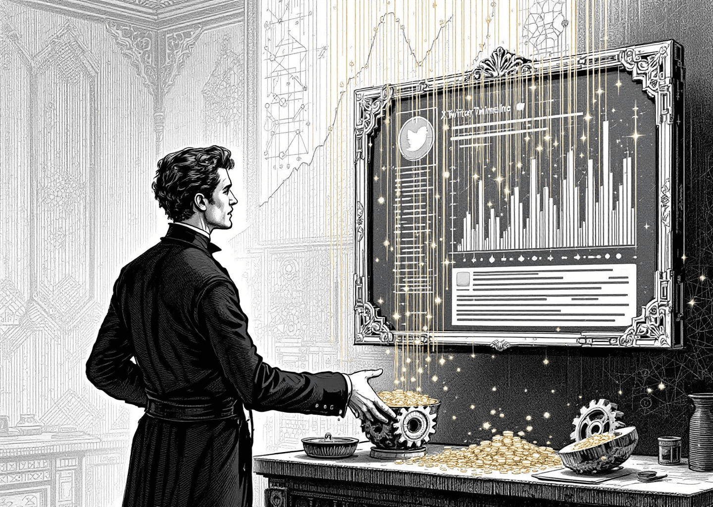 A Victorian engraving style illustration. A central figure, a focused solopreneur, stands before a large, ornate screen displaying an X/Twitter timeline. From the screen, golden threads of light (leads) are flowing towards the figure, who is collecting them in a gear-shaped container. In the background, upward-trending charts and subtle neural network patterns are etched into the wall. The style is detailed, monochromatic, with a sense of intellectual industry.