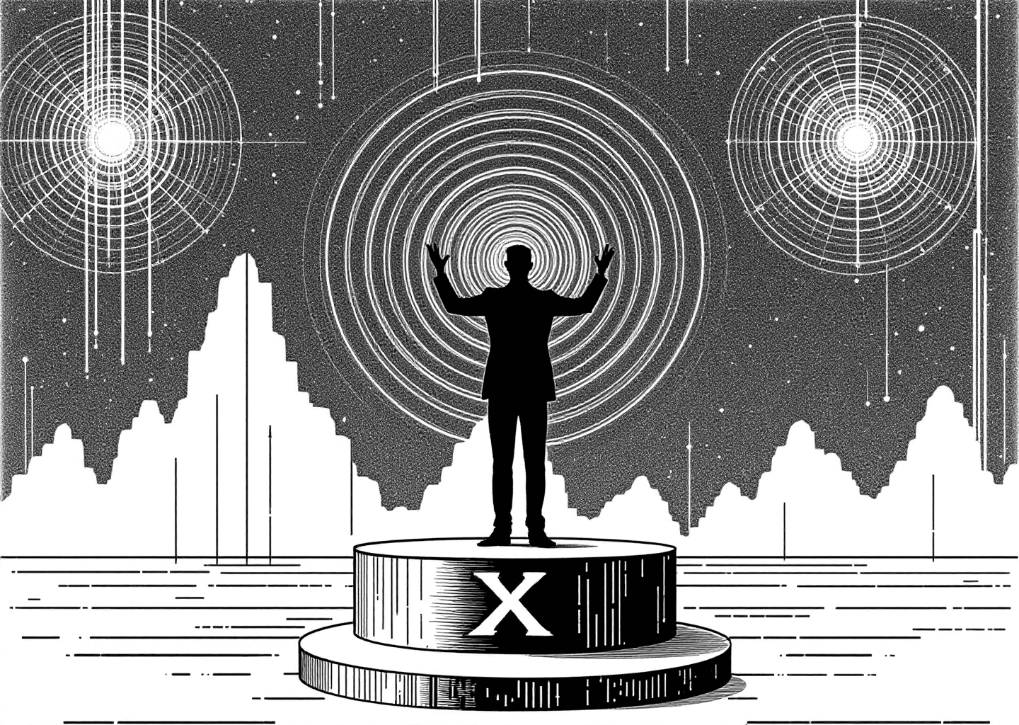 Victorian engraving style illustration of a silhouette figure standing on a platform with an 'X' logo. The figure is broadcasting signals, represented by concentric circles. In the background, upward-trending charts and subtle neural network patterns are etched. The overall feel is one of authority and digital influence.