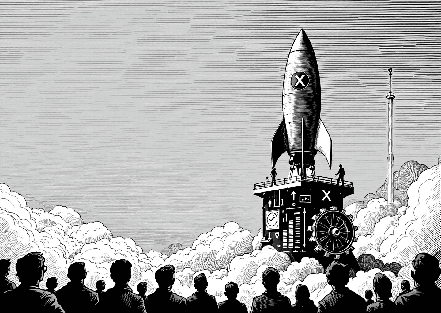 Victorian engraving style illustration of a rocket ship with an 'X' logo on its side, taking off from a platform. In the background, a stylized X/Twitter timeline scrolls upwards. Silhouettes of people below are looking up, representing an audience. Subtle gear and chart elements are integrated into the launch platform, symbolizing a strategic process.
