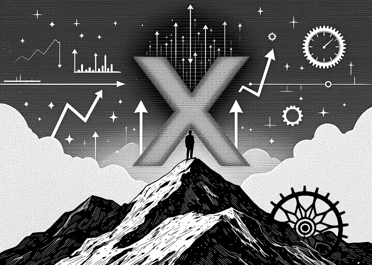 A Victorian engraving style illustration. A prominent 'X' logo is at the center, with digital neural network patterns inside it. Upward-trending charts and arrows emerge from the logo, leading to a silhouette figure standing on a peak. In the background, subtle gears and dashboard elements are etched, symbolizing tools and strategy.