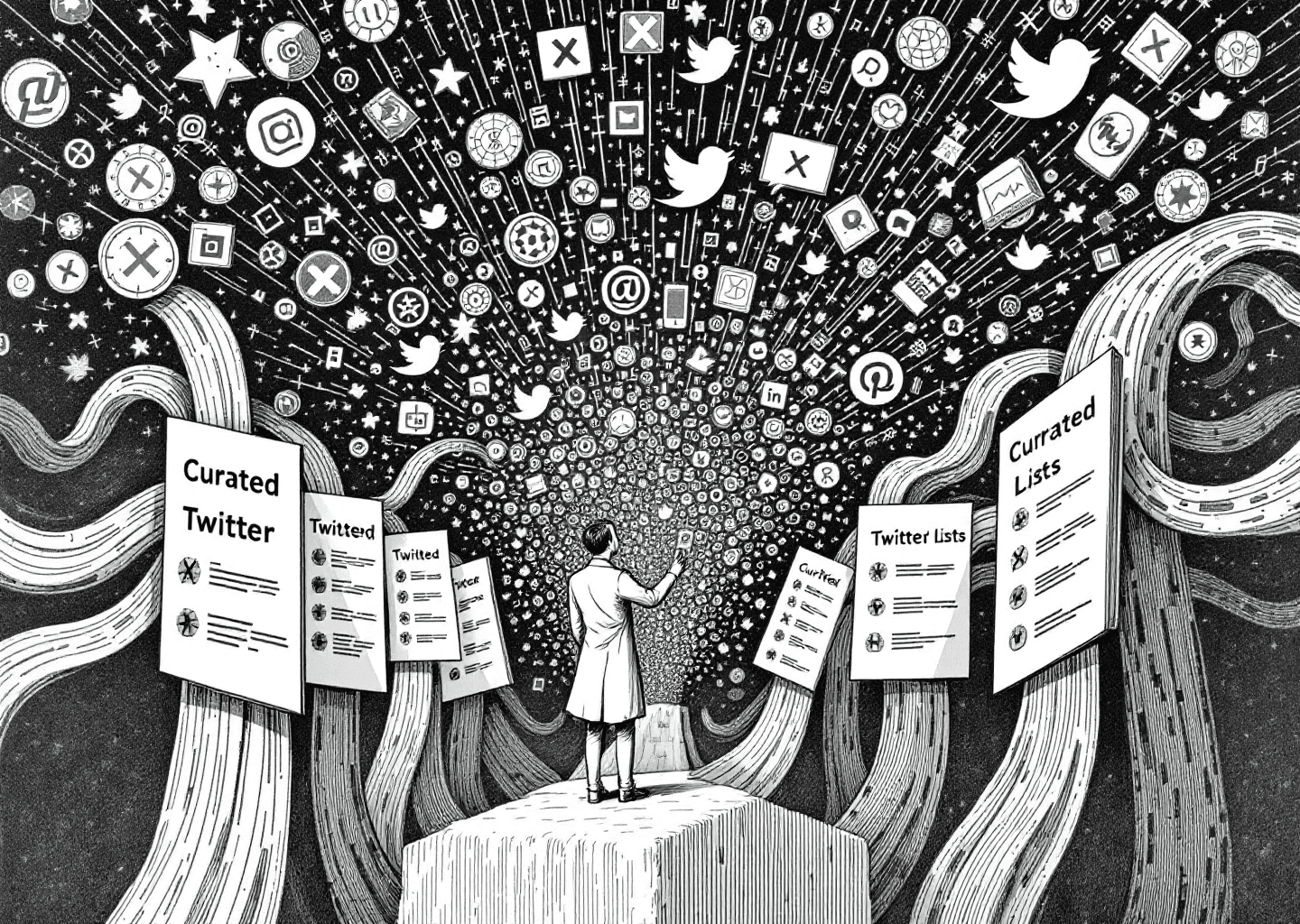A Victorian engraving style illustration. A central figure stands before several distinct, organized streams of data flowing towards them, representing curated Twitter lists. In the background, a chaotic, messy cloud of icons (X logos, @ symbols, hashtags) represents the unfiltered feed. The figure is climbing a subtle upward-trending chart line. The overall aesthetic is one of order from chaos, with clean lines and intricate detail.