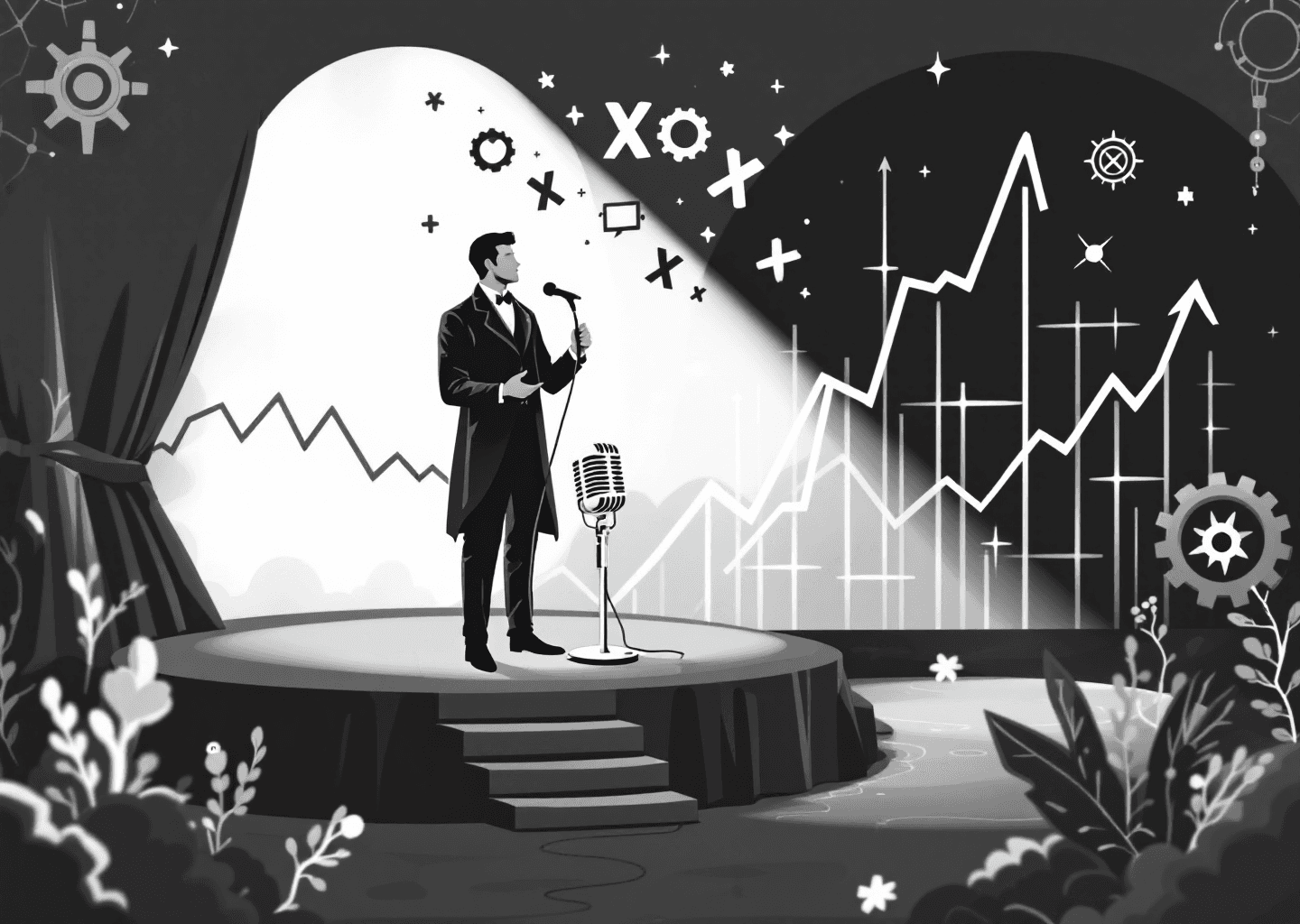 Victorian engraving style illustration. A central figure stands on a stage speaking into a vintage microphone. Sound waves emanate, transforming into small X logos. In the background, a stock market-style chart shows a sharp upward trend. The scene is framed by ornate gears and subtle neural network patterns, blending organic growth with mechanical precision. Black and white, intricate line work.