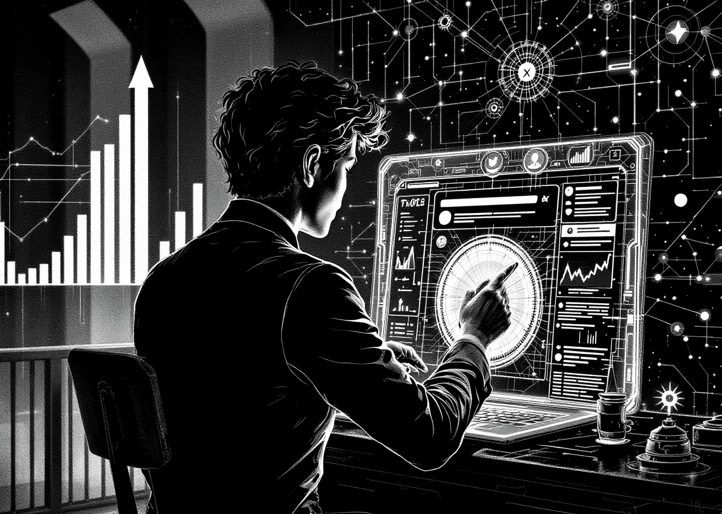 Victorian engraving style illustration of a figure meticulously crafting a message on a futuristic, glowing X/Twitter profile interface. In the background, upward-trending charts, neural network patterns, and subtle gear icons are etched into the scene, symbolizing growth, AI, and tools.