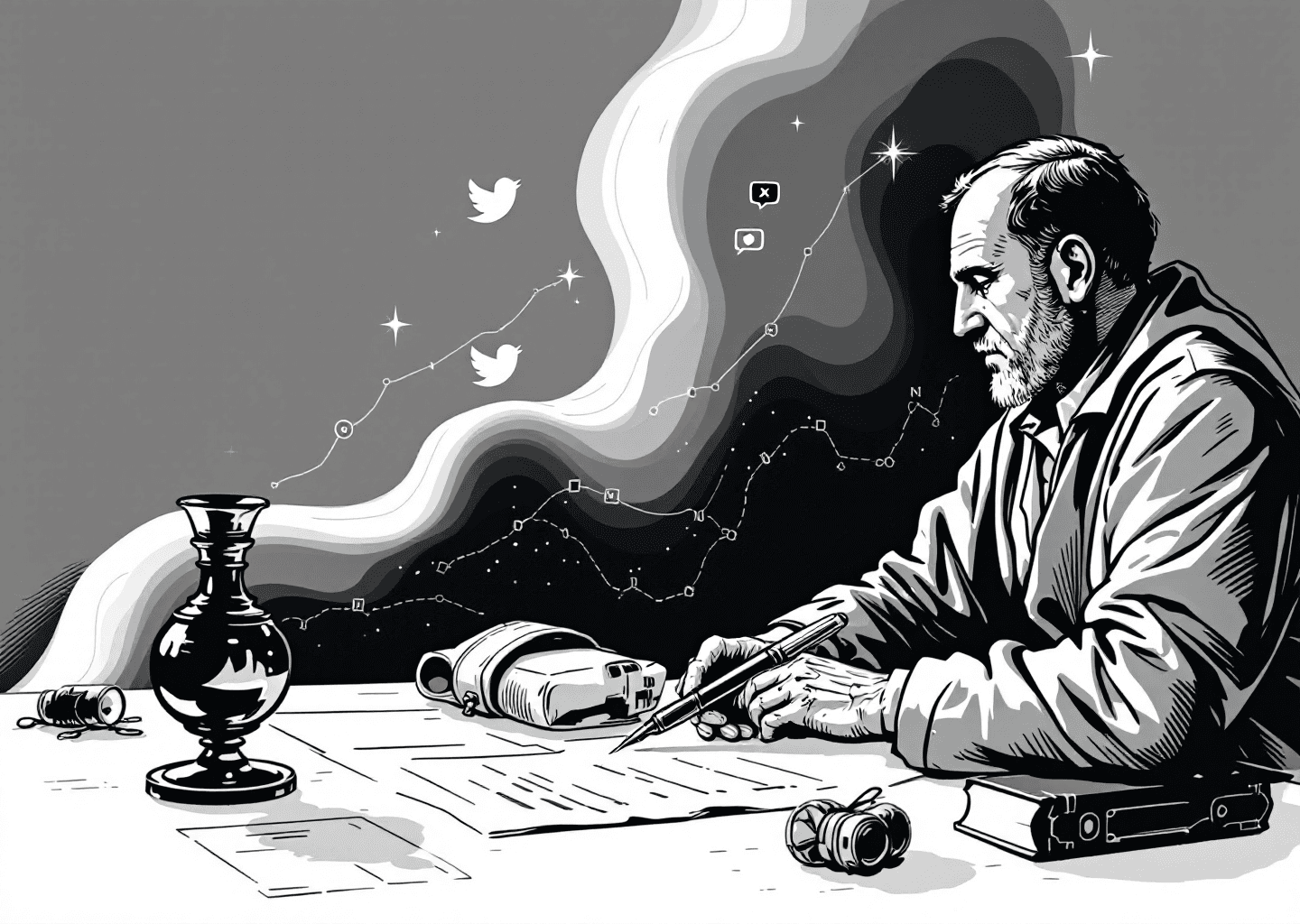 Victorian engraving style illustration of a person at a writing desk, a large fountain pen poised over paper. In the background, an abstract representation of a Twitter/X timeline flows upwards, with glowing notification icons and growth charts. The style is detailed, monochrome with a single accent color, conveying precision and intellectual growth.