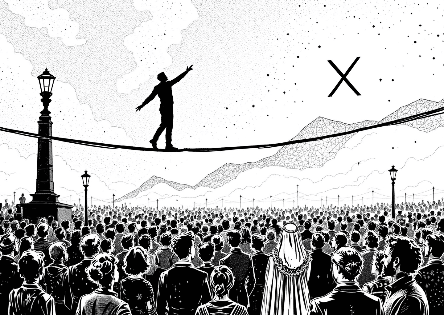 A Victorian engraving style illustration of a tightrope walker balancing delicately on a wire shaped like the X/Twitter logo. Below, a crowd of silhouetted figures watch with a mix of expressions. In the background, subtle digital elements like upward-trending charts and neural network patterns are etched into the sky. The style is detailed, monochrome, and sophisticated.
