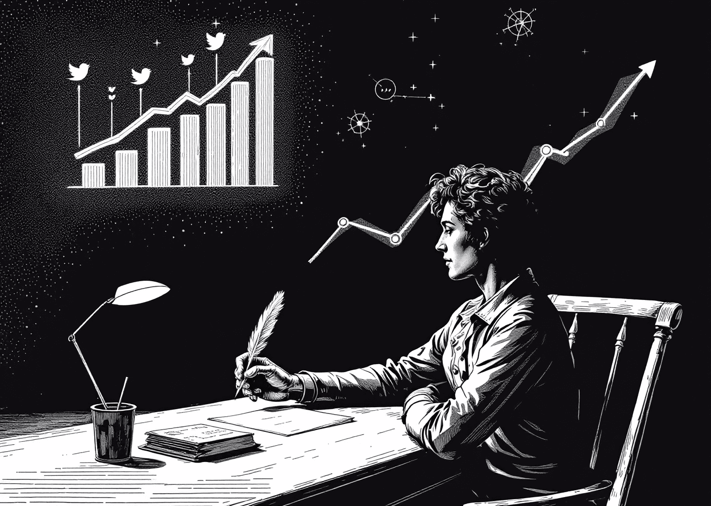 Victorian engraving style illustration of a figure at a writing desk, a quill in hand. Above them, a stylized X/Twitter timeline flows out of a book, with icons for likes and retweets. In the background, an upward-trending growth chart is etched onto the wall. A subtle neural network pattern overlays the scene, suggesting AI assistance. Black and white, intricate line work.