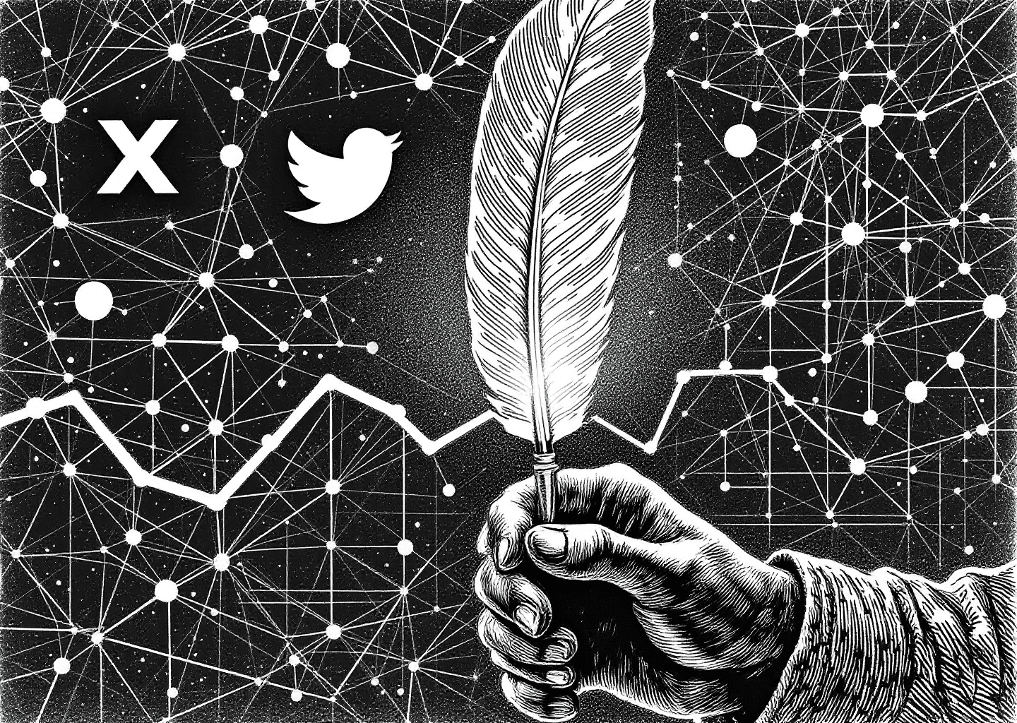 A Victorian engraving style illustration depicting a writer's hand holding a quill, with the nib glowing like a lightbulb. In the background, subtle X/Twitter bird logos are woven into a neural network pattern, with faint upward-trending charts visible. The style is intricate, black and white, with a focus on intellectual creation and digital growth.