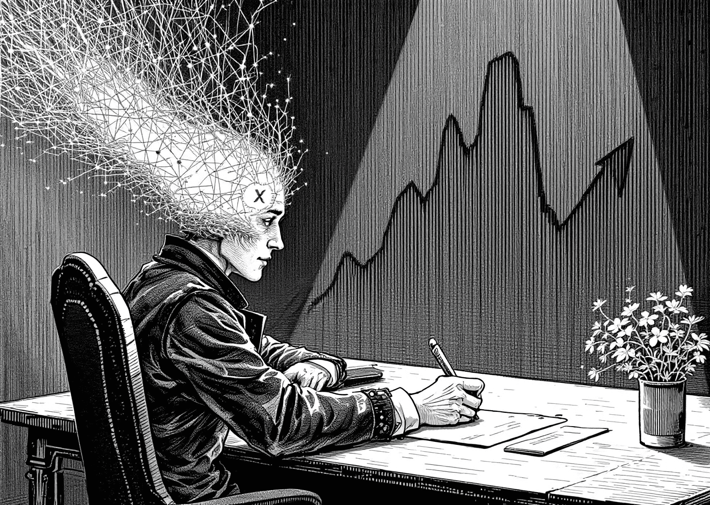 A Victorian engraving style illustration of a figure at a writer's desk. The desk has a modern twist with a glowing X/Twitter logo icon on a screen. Neural network patterns flow from the writer's head to the screen, symbolizing AI-assisted creativity. In the background, an upward-trending stock chart is subtly etched into the wall. The style is detailed, monochrome, with intricate line work.