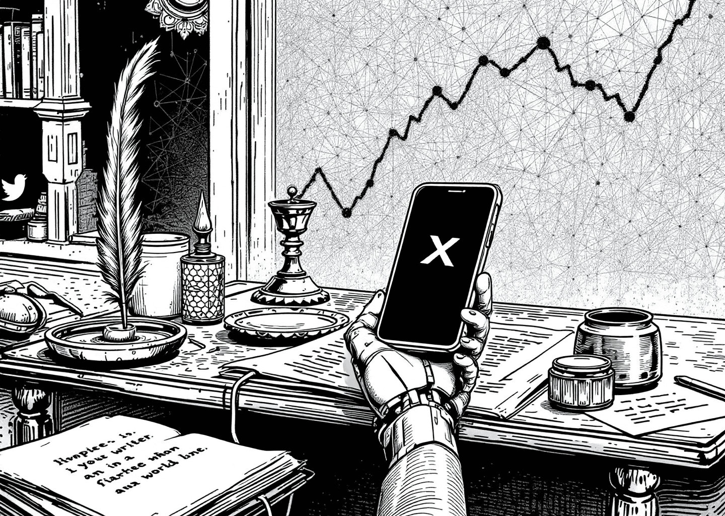 Victorian engraving style illustration of a writer's desk. On the desk sits a quill, an inkwell, and a modern smartphone displaying the X/Twitter logo. A disembodied robotic hand is writing on the phone screen. In the background, a subtle neural network pattern is etched into the wall, with upward-trending charts faintly visible.