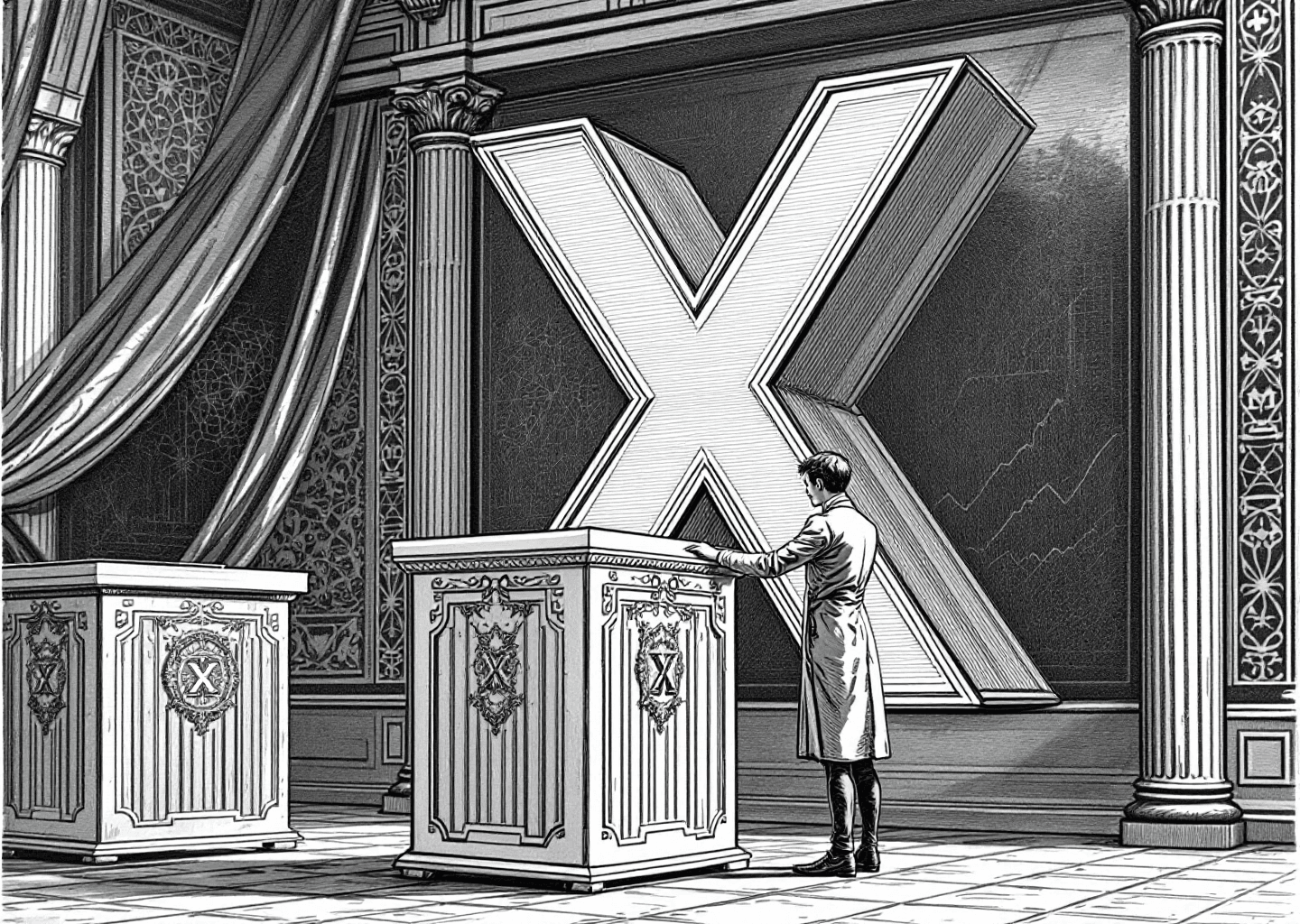 A Victorian engraving style illustration of a figure standing before a large, ornate voting box shaped like the X logo. The figure is placing a ballot. In the background, subtle neural patterns and upward-trending charts are etched into the wall. The scene is detailed, with cross-hatching and a sophisticated, academic feel.