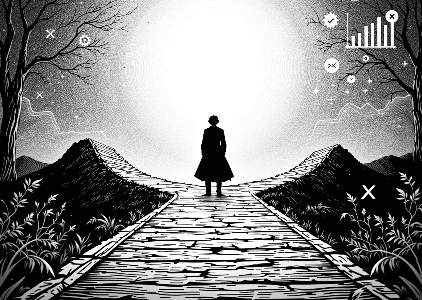 A Victorian engraving style illustration. A central figure stands at a crossroads, pondering two paths. One path is old and worn, marked with a gear symbol (Hypefury). The other path is new and glowing with digital lines, marked with a neural network and an 'X' logo (XPatla/modern alternative). Upward growth charts and notification icons float in the background. The style is detailed, monochromatic with hatching and cross-hatching.