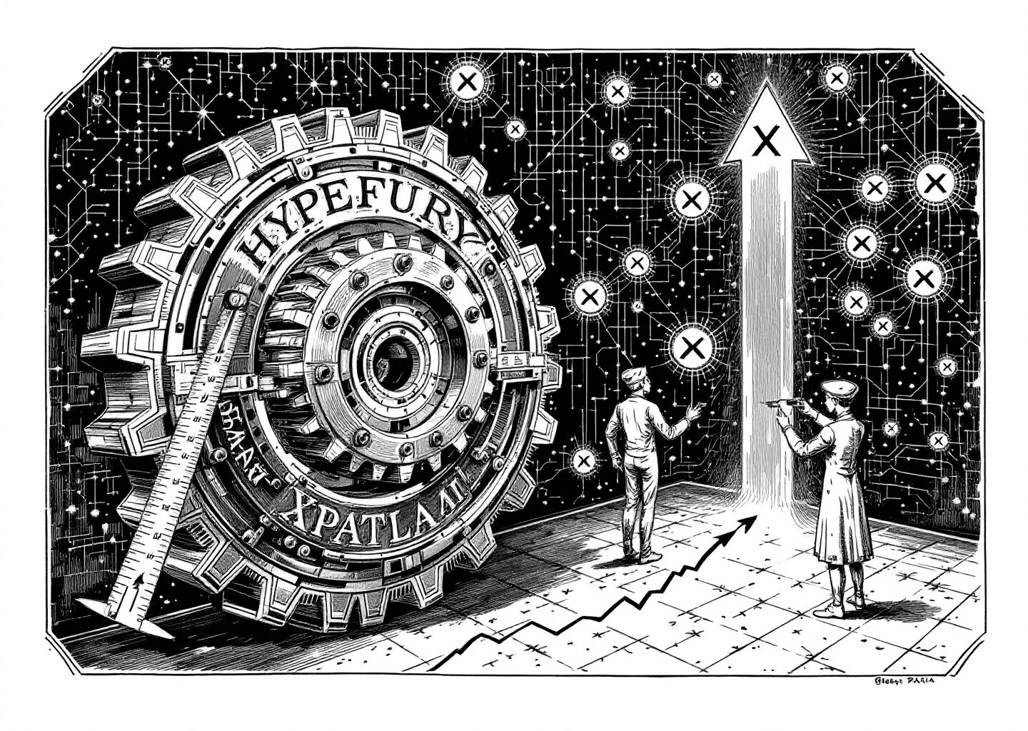A Victorian engraving style illustration. A large, ornate gear labeled 'HYPEFURY' is being measured by a figure with a caliper. In the background, a sleek, glowing neural network pattern representing 'XPATLA AI' is growing organically, with small X bird logos flowing through it. An upward-trending chart is subtly etched into the floor.