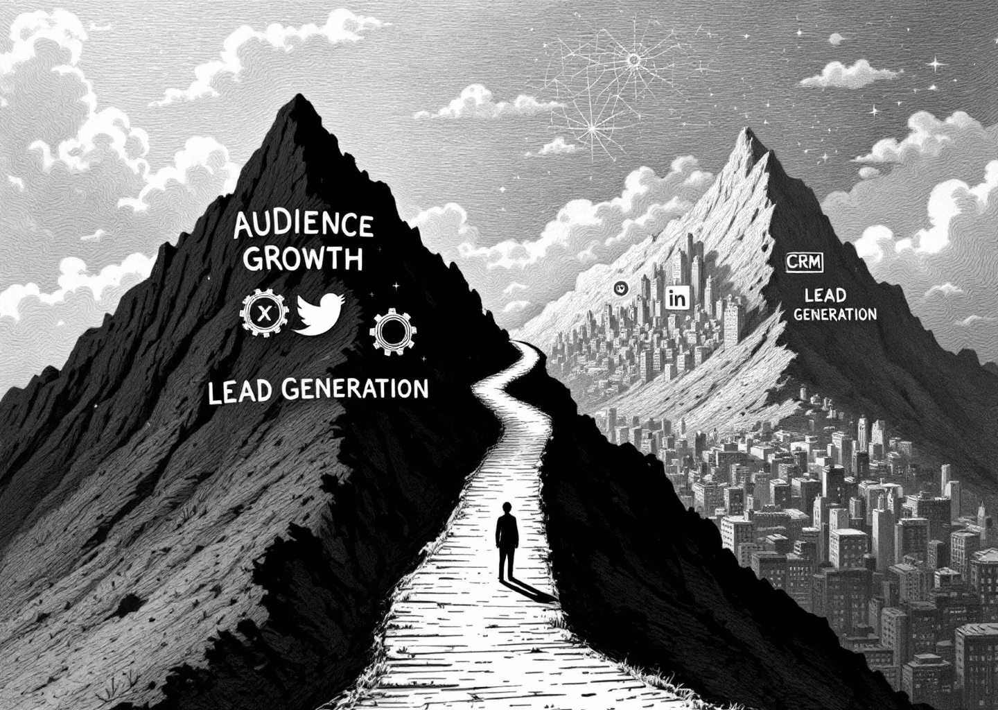 Victorian engraving style illustration of two distinct paths diverging. One path is marked with X/Twitter logos and gears, leading up a steep mountain labeled 'Audience Growth'. The other path is marked with LinkedIn logos and CRM-style icons, leading to a bustling city labeled 'Lead Generation'. A silhouette figure stands at the fork, contemplating the choice. Subtle neural patterns are etched into the sky, hinting at AI's role in the journey.