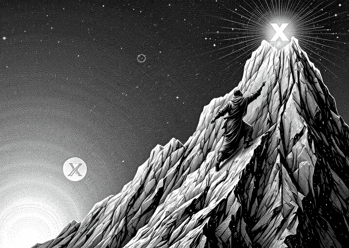 Victorian engraving style illustration of a figure climbing a steep upward-trending chart. The chart lines are formed by a stylized X/Twitter timeline feed. In the background, subtle neural patterns and gear icons suggest AI-powered tools assisting the climb. The figure points towards a glowing X logo at the summit. Monk-like, focused, technical.