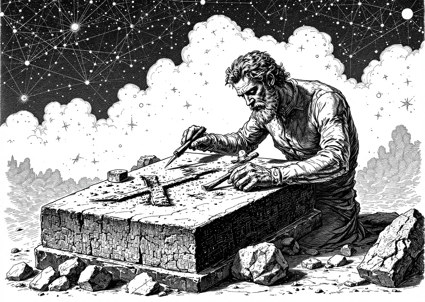 Victorian engraving style illustration of a figure meticulously carving a detailed X/Twitter profile on a stone tablet. In the background, upward-trending charts and faint neural network patterns are etched into the sky. The figure uses classic tools like a chisel and hammer, symbolizing craftsmanship and precision in the digital age.