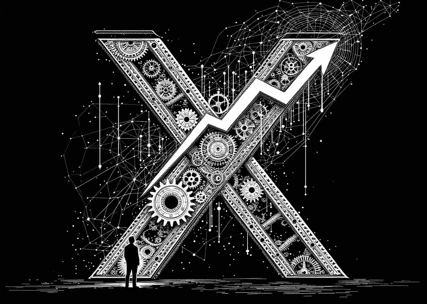 Victorian engraving style illustration. A prominent, stylized 'X' logo made of intricate clockwork gears. An upward-trending stock chart arrow emerges from the center of the X. In the background, subtle neural network patterns glow faintly. A silhouette of a person stands at the base of the X, looking up at the arrow's peak. The overall aesthetic is detailed, intellectual, and aspirational, blending old-world craftsmanship with futuristic AI concepts.