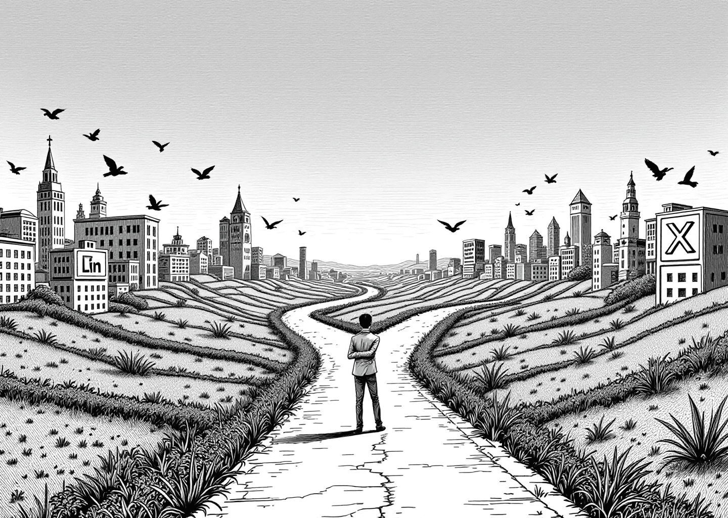 Victorian engraving style illustration of a fork in the road. One path leads to a city with iconography of the LinkedIn logo, briefcases, and corporate buildings. The other path leads to a city with iconography of the X logo, birds, and fast-moving data streams. A thoughtful figure in minimalist attire stands at the crossroads, contemplating which path to take. Minimalist, high-contrast, black and white.