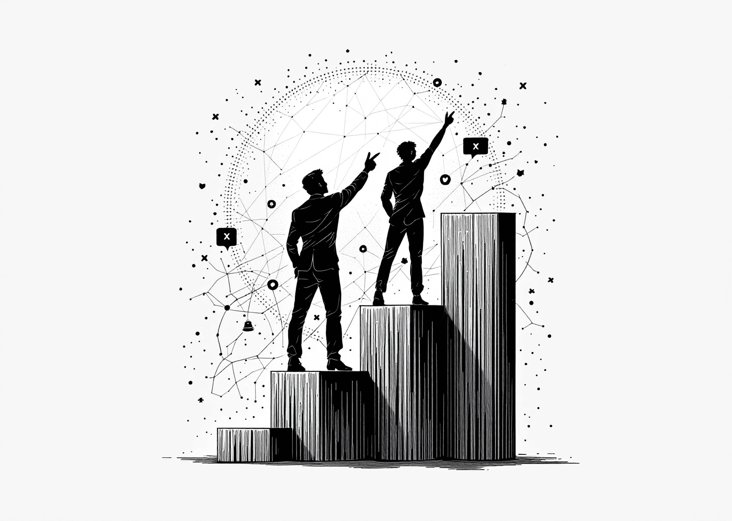 A Victorian engraving style illustration. A central silhouette figure stands on a rising bar chart, pointing upwards. The background features a subtle network of neural patterns and faint X/Twitter icons like the 'X' logo and notification bells. The style is classic, authoritative, and clean, symbolizing strategic growth and personal branding on a digital platform.