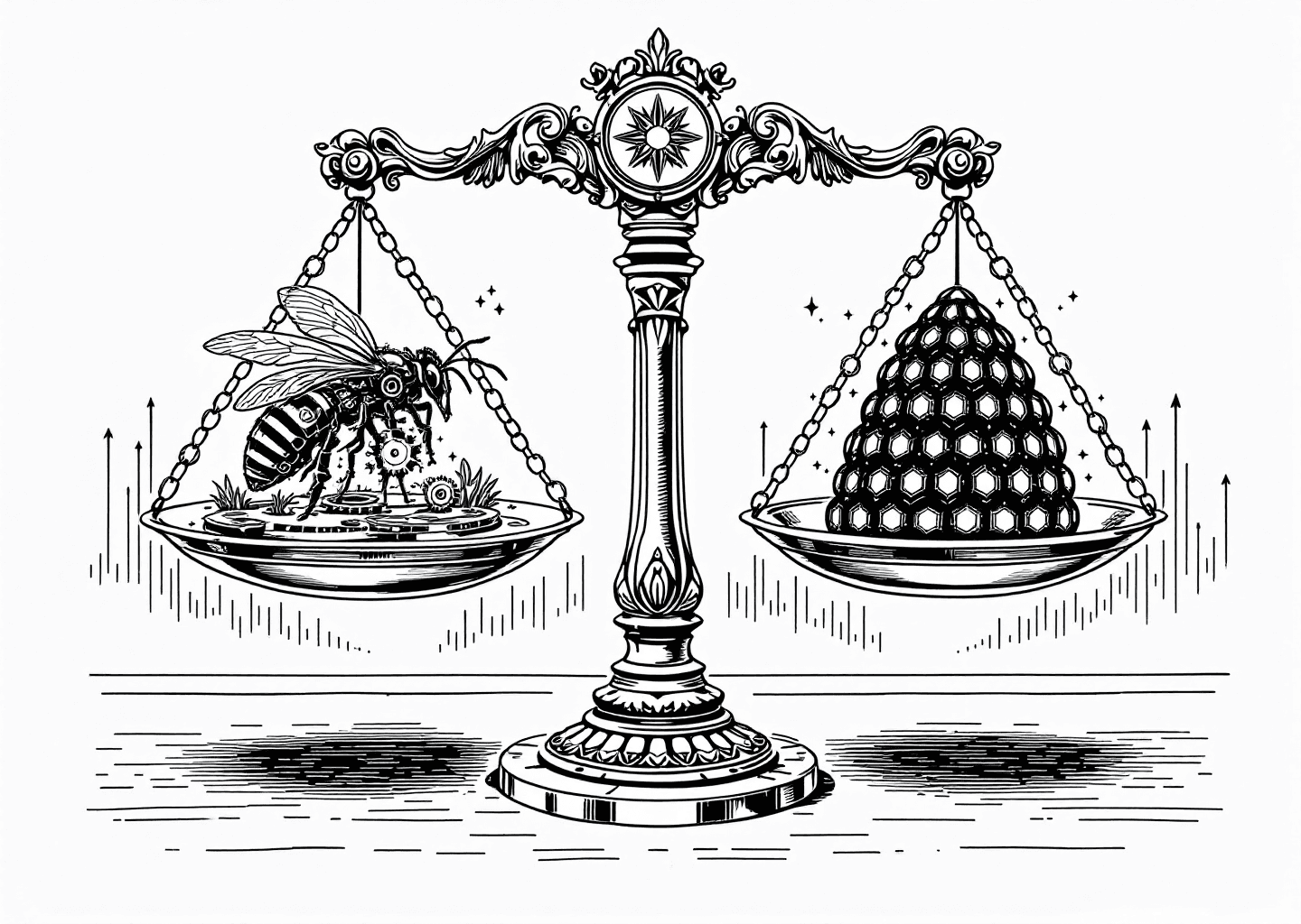 Victorian engraving style illustration. A central, ornate scale is weighing two objects. On the left plate, a mechanical bee (for SocialBee) made of gears and brass. On the right plate, a digital beehive with glowing neural patterns (for FeedHive). In the background, subtle elements of the X/Twitter logo and upward-trending charts are etched into the scene. The style is detailed, black and white, with intricate linework.