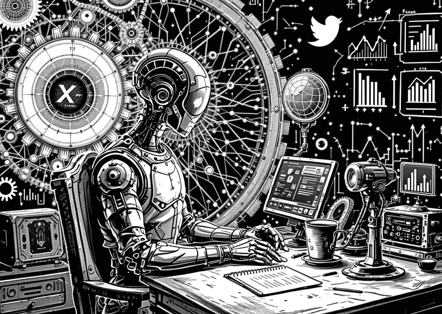 A Victorian engraving style illustration. A thoughtful, human-like android sits at an antique desk, using a futuristic transparent screen displaying an X/Twitter feed. In the background, a large gear mechanism intertwines with a glowing neural network pattern. Upward trending charts are subtly etched into the wallpaper. The style is detailed, monochromatic with a single accent color, conveying precision, intelligence, and growth.