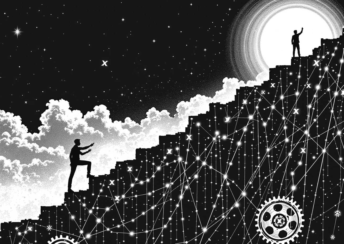 A detailed Victorian engraving illustration. In the center, a silhouette of a person climbs a steep upward-trending stock chart. The chart lines are composed of tiny, glowing X/Twitter logos. In the background, subtle neural network patterns blend with mechanical gears, symbolizing an AI engine. A large, stylized 'X' icon looms in the sky like a moon. The style is intricate, black and white, with high contrast.