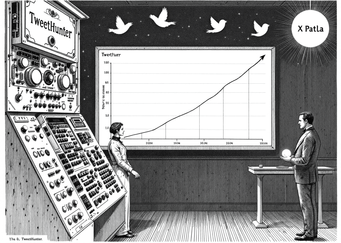 A Victorian-era engraving depicting a figure at a complex control panel with many dials and levers, labeled 'TweetHunter'. A second, more modern figure stands at a simple, elegant desk with a single glowing orb, labeled 'XPatla'. In the background, stylized X/Twitter birds fly upwards on a growth chart. The style is intricate, black and white, with cross-hatching.