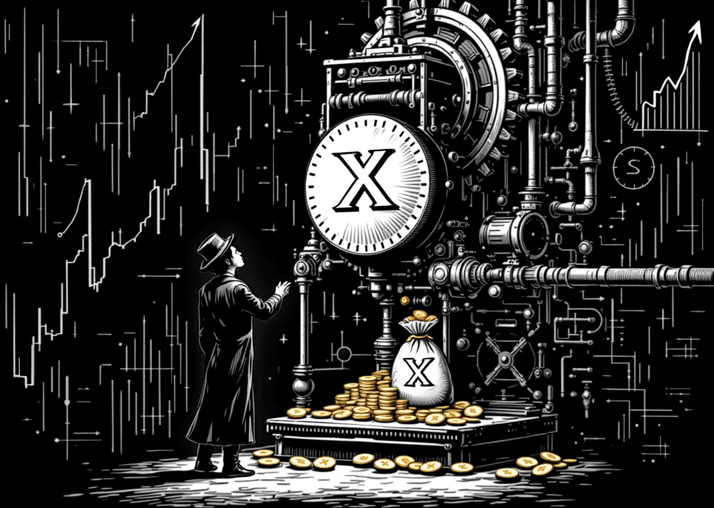A Victorian engraving style illustration of a figure standing before a massive, intricate machine with gears and pipes. The machine is dispensing gold coins, which have the X logo on them, into a bag held by the figure. In the background, subtle digital patterns and upward-trending charts are etched into the scene, blending old-world mechanics with new-world digital growth.