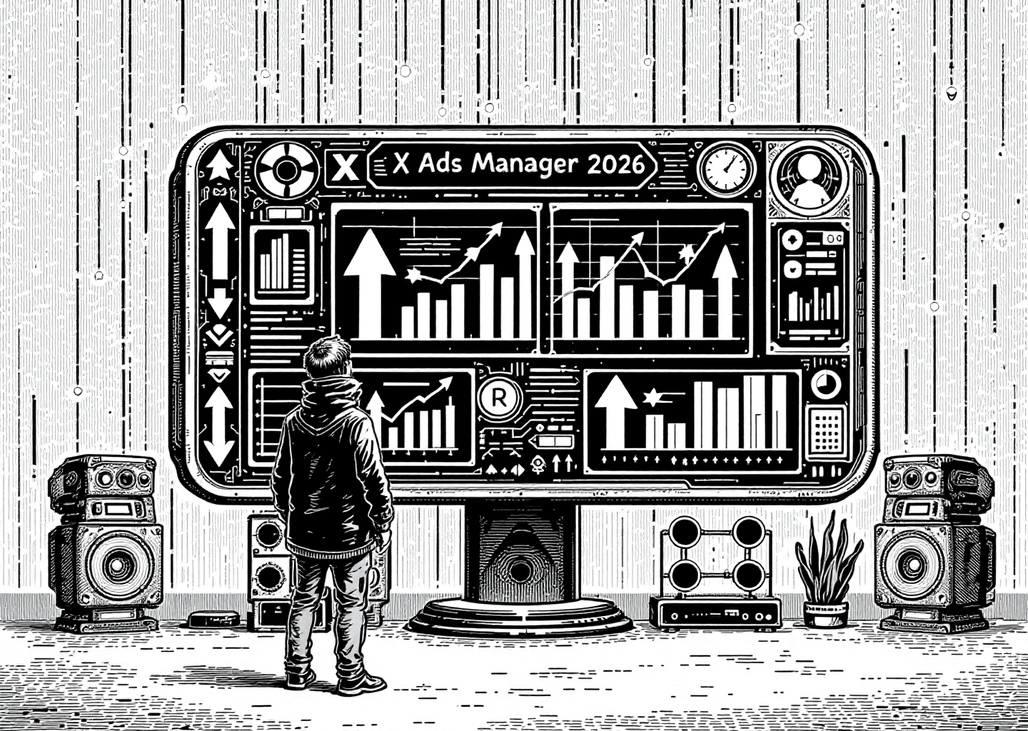 Victorian engraving style illustration. A figure stands before a large, ornate dashboard labeled 'X Ads Manager 2026'. The dashboard displays charts with upward-trending arrows. In the background, faint digital neural patterns and notification bell icons are visible. The style is detailed, monochromatic, with cross-hatching.