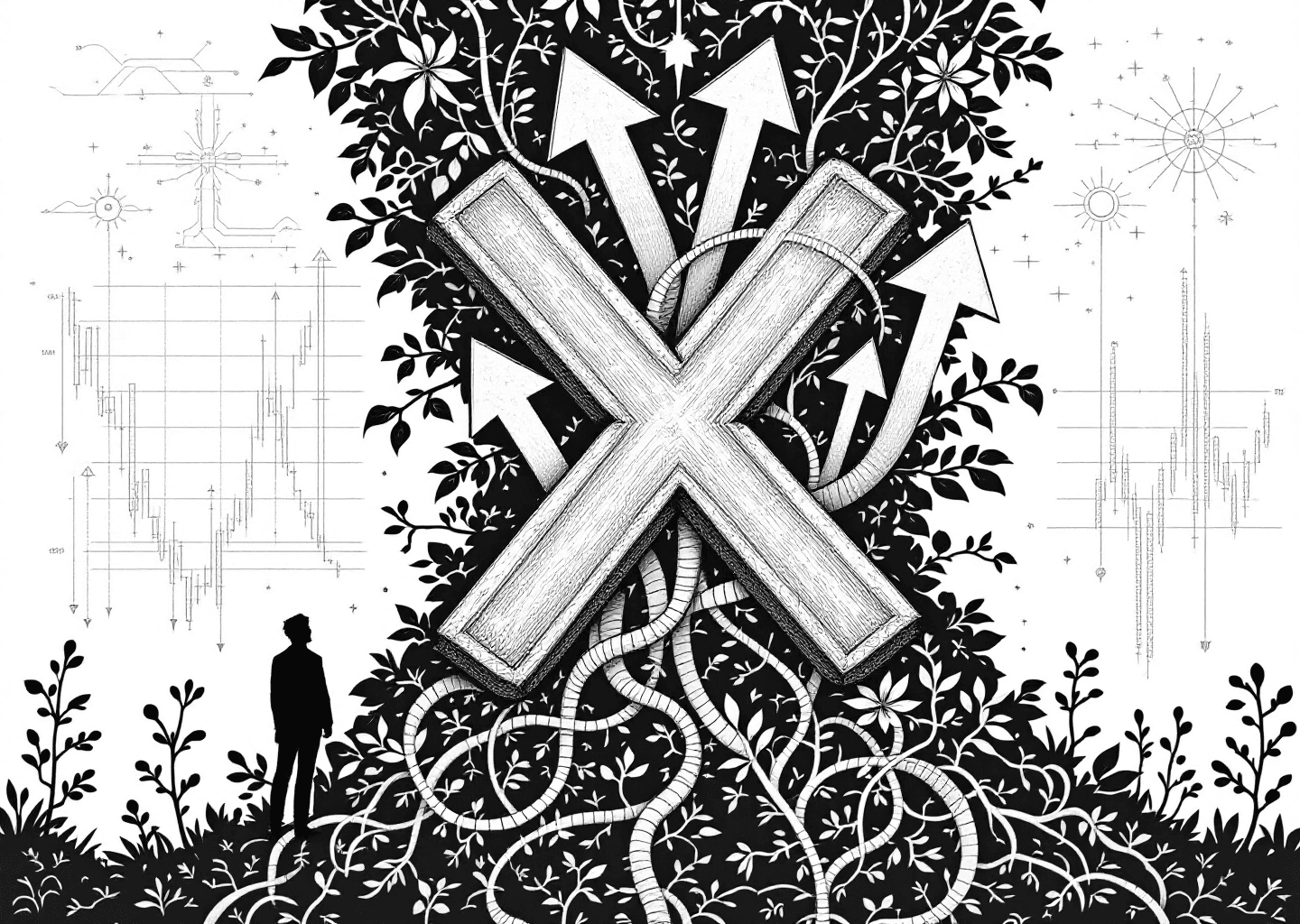 Victorian engraving style illustration. A central, stylized 'X' logo is intertwined with growing vines and upward-pointing arrows. In the background, faint neural network patterns and a subtle stock market ticker chart are visible. A silhouette figure stands at the base, looking up at the climbing vines. The style is intricate, black and white, with clean lines.