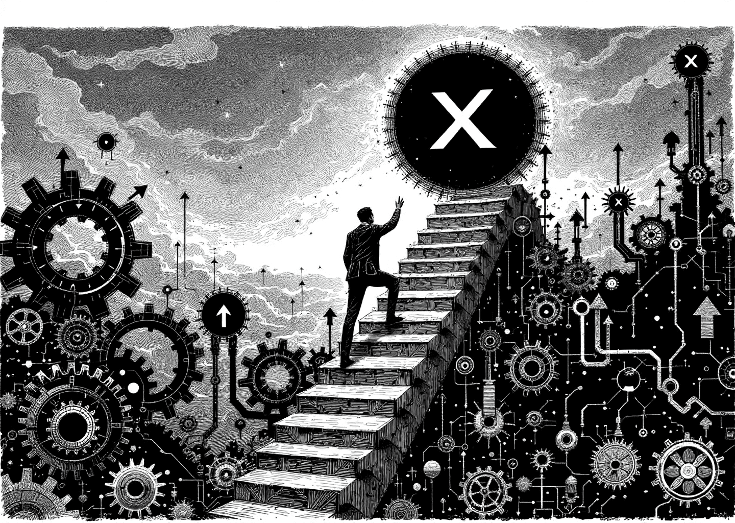 A Victorian engraving style illustration depicting a figure climbing a complex network of gears and charts, with the X logo subtly integrated. Upward arrows and faint neural network patterns are visible in the background, symbolizing algorithmic growth and AI.
