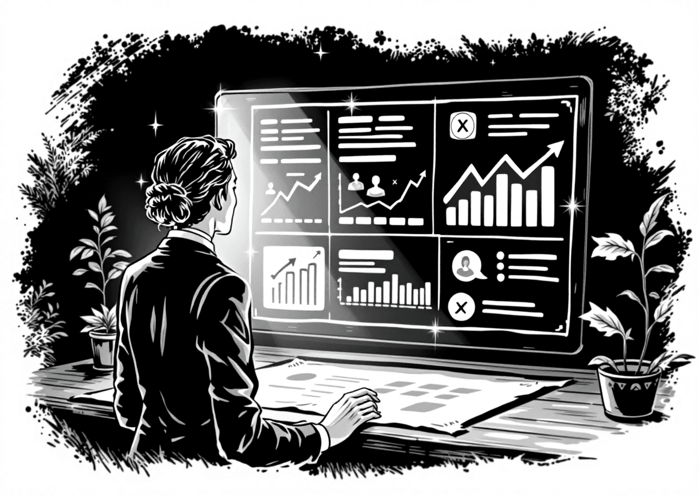Victorian engraving style illustration of a figure analyzing a large, glowing dashboard. The dashboard displays upward-trending charts, an X logo, and engagement icons. The style is detailed, technical, and sophisticated, with clean lines on a parchment-like background.