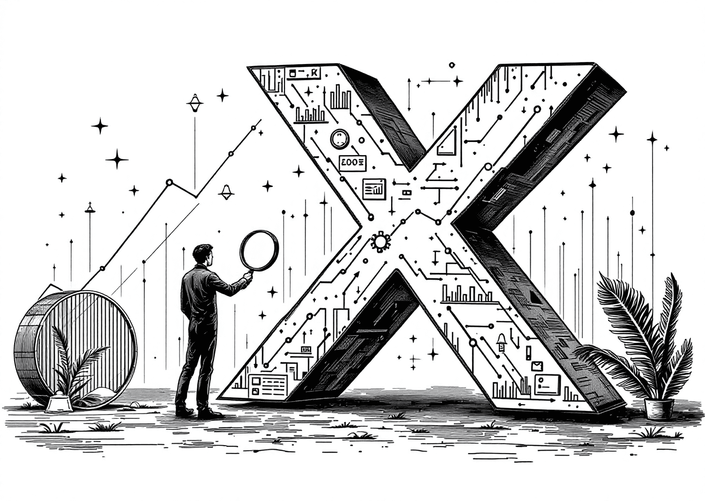 Victorian engraving style illustration of a figure analyzing a large, glowing X logo made of complex charts and data streams. The figure holds a magnifying glass, revealing intricate details within the data. In the background, subtle elements like upward-trending graphs and notification bell icons are etched into the scene, conveying a sense of digital growth and analysis.