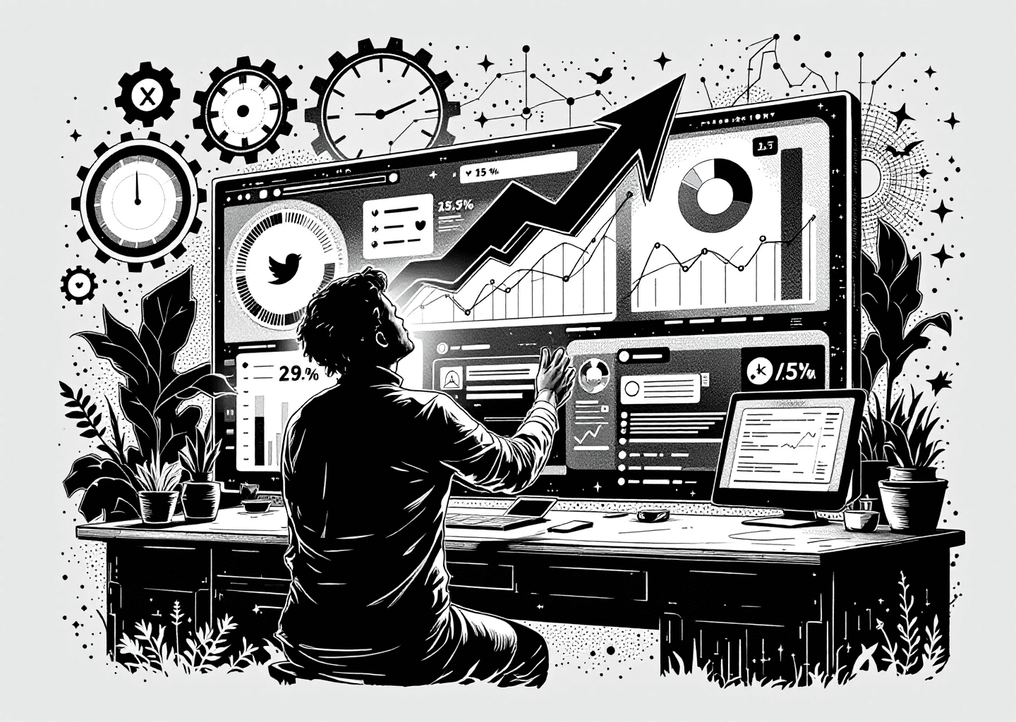 Victorian engraving style illustration of a figure analyzing a large, glowing dashboard filled with charts and graphs. The dashboard features subtle X/Twitter logos and notification icons. Gears and neural network patterns are integrated into the background, with an upward-trending arrow prominent. Black and white, intricate line work, high detail.