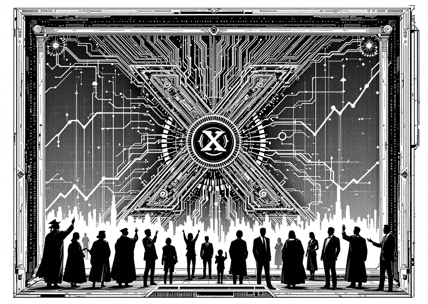 A detailed Victorian engraving illustration. In the center, a large, ornate 'X' logo is composed of intricate gears and clockwork. From this central 'X', several distinct data streams, like glowing neural pathways, flow outwards to different groups of silhouette figures. One group wears academic robes, another business suits, and a third creative attire, representing audience segmentation. Upward-trending chart lines are subtly etched into the background. The entire scene is framed by a vintage computer terminal screen, blending old-world art with a modern digital theme.