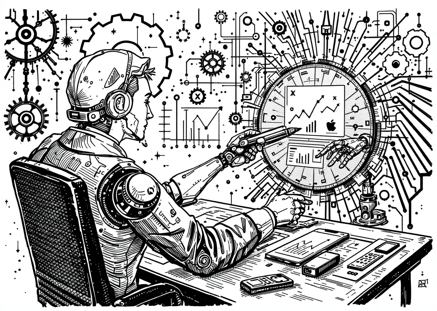 Victorian engraving style illustration of a small business owner at a desk. On the desk is a futuristic dashboard with X/Twitter logos and upward-trending charts. A subtle, friendly robot arm is handing the owner a pen, symbolizing AI assistance. The background features gear and cog patterns blending with neural network designs. Clean, detailed linework.