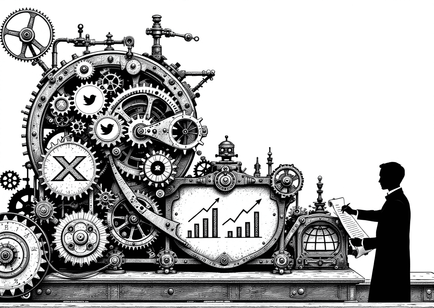 A Victorian engraving style illustration of a complex clockwork machine with gears and levers. Integrated into the machinery are subtle X/Twitter logos, a small robot arm writing on a scroll, and upward-trending charts etched into the metal plates. The machine is being operated by a single, focused figure in silhouette, representing a solopreneur mastering their tools for growth.