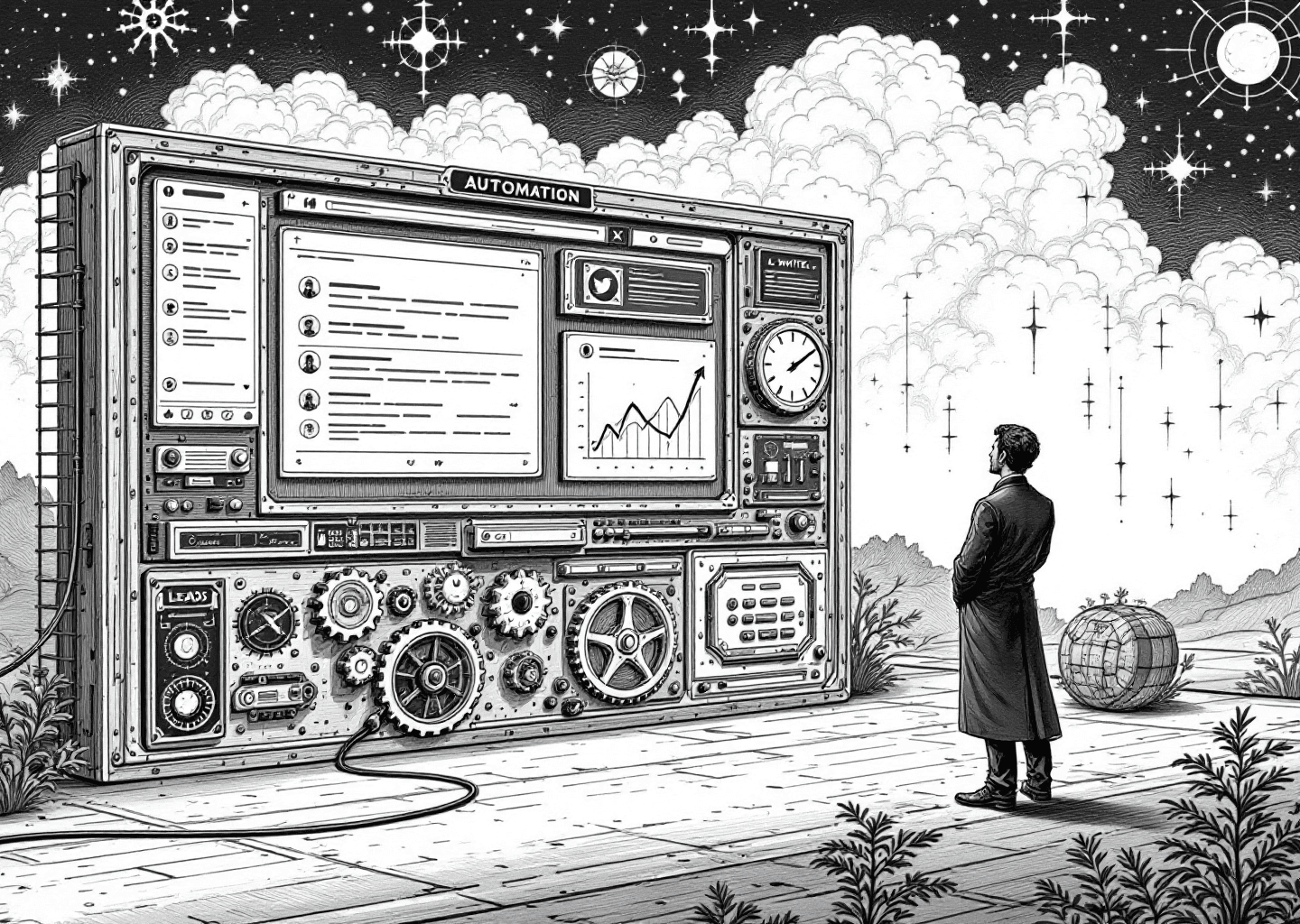 Victorian engraving style illustration. A central figure, representing a solopreneur, stands before a large, intricate dashboard with gears and levers labeled 'Automation'. The dashboard screen displays a simplified X/Twitter feed with notification icons. From the feed, golden threads representing leads flow outwards towards the figure. In the background, subtle neural patterns and upward-trending charts are etched into the scene. The overall aesthetic is detailed, scientific, and optimistic, blending classic illustration with modern tech iconography.