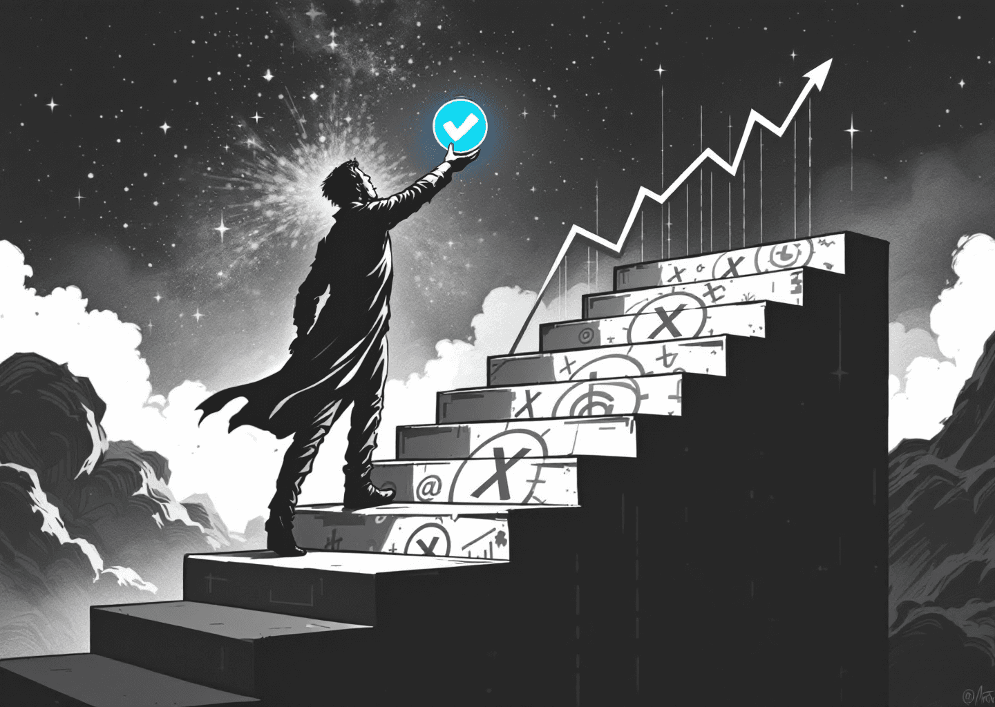 A Victorian engraving style illustration depicting a figure ascending a staircase made of X/Twitter logos. The figure holds a glowing blue checkmark like a lantern, illuminating the path upward. In the background, subtle digital patterns and upward-trending charts are etched into the scene, blending classic art with modern tech.