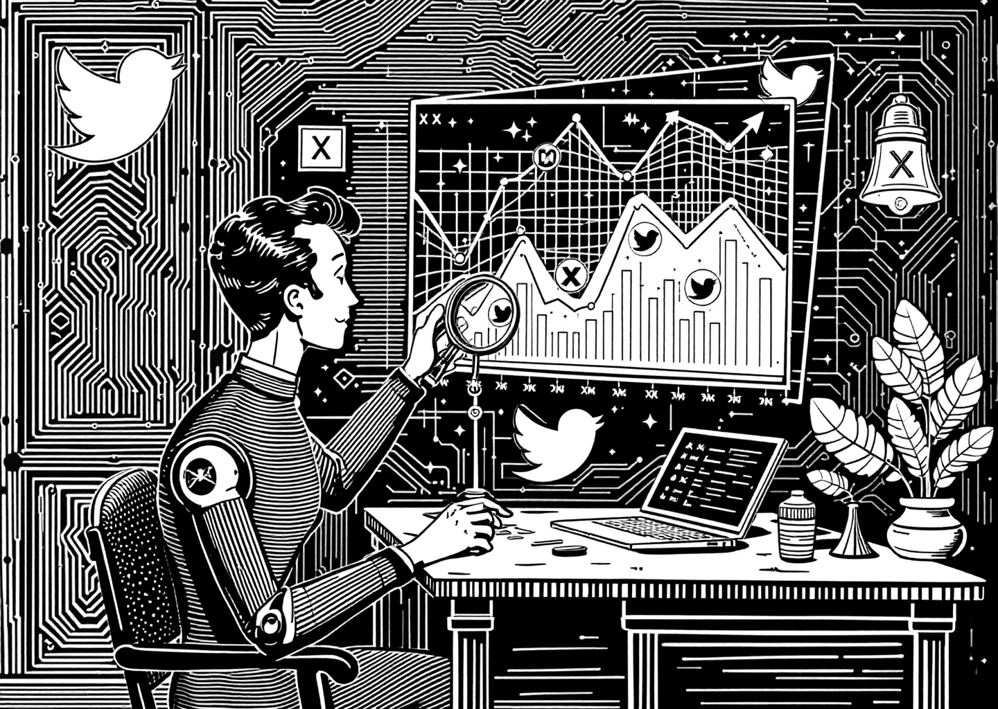 A Victorian engraving style illustration depicting a figure at a desk analyzing a large, complex chart. The chart features upward-trending lines, X/Twitter bird logos, and small notification bell icons. In the background, a subtle neural network pattern is etched into the wall, and a stylized robotic arm is handing the figure a magnifying glass, symbolizing AI-assisted analysis and growth on social media.