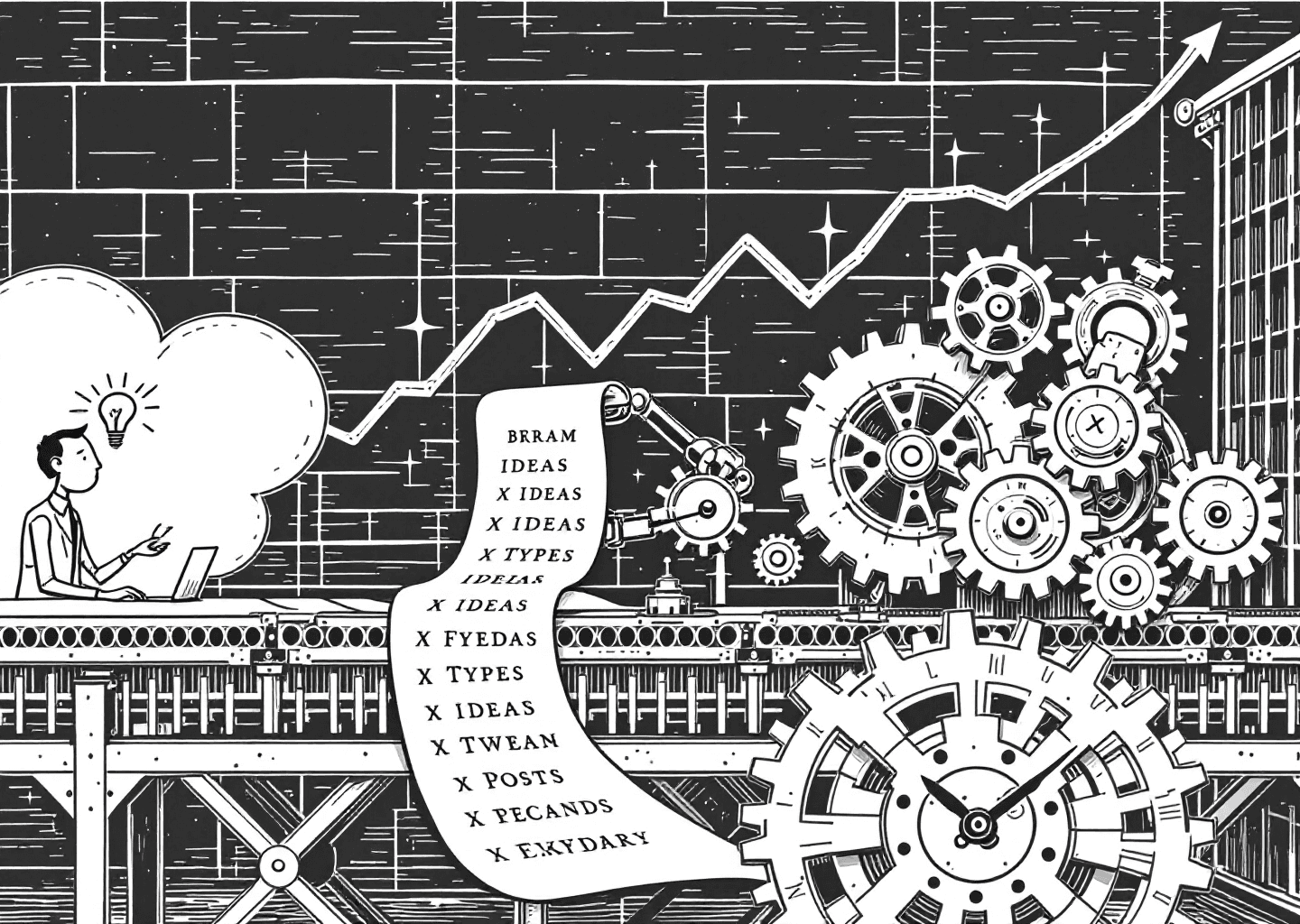 A Victorian engraving illustration of a meticulous assembly line. At the beginning, a figure with a lightbulb over their head brainstorms ideas (represented by small 'X' icons). The ideas travel on a conveyor belt to a robotic arm that types them onto a long scroll. The scroll then feeds into a large, intricate clockwork mechanism that schedules the posts, with gears shaped like calendar pages. In the background, an upward-trending graph is visible, etched onto the wall. The style is detailed, black and white, with a sense of order and sophisticated machinery.