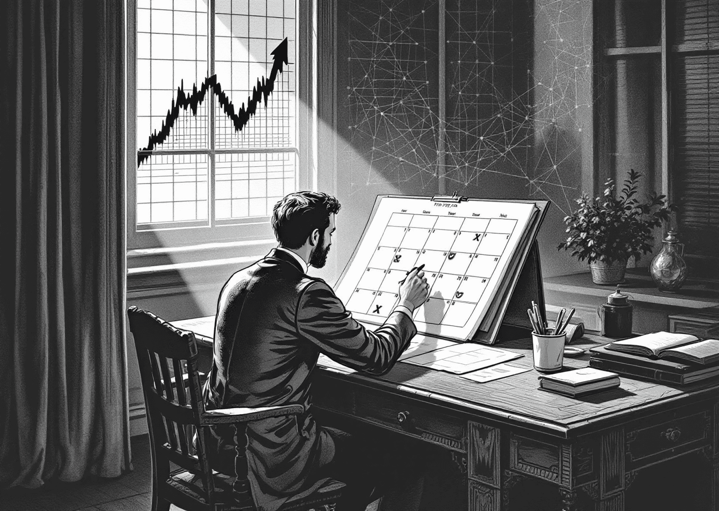 Victorian engraving style illustration of a figure at a large wooden desk, meticulously planning on a calendar. The calendar has X/Twitter icons on it. In the background, a subtle neural network pattern is etched into the wall, and an upward trending chart is visible through a window. The style is detailed, black and white, with a scholarly and strategic feel.