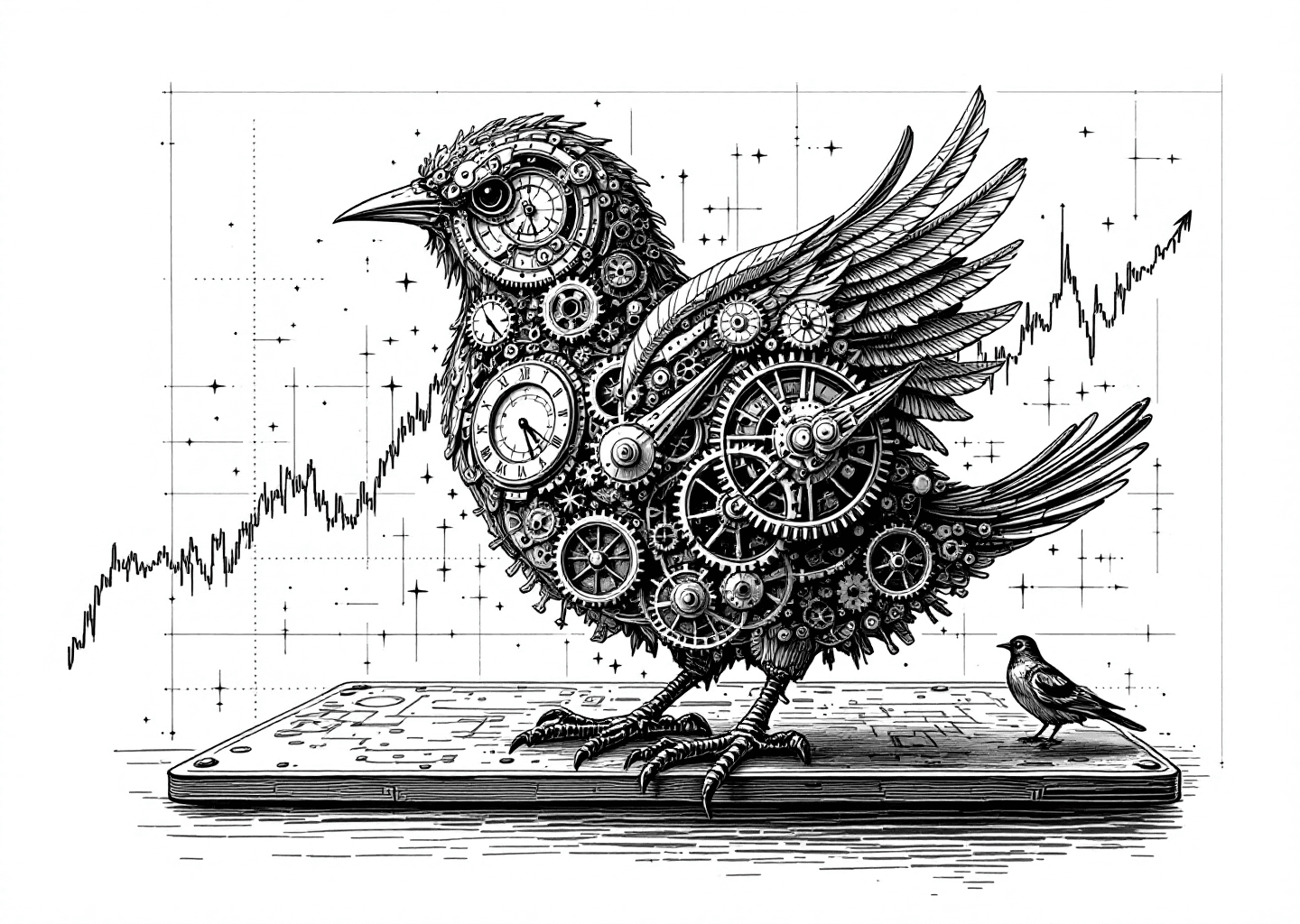 A Victorian engraving style illustration of a stylized X/Twitter bird made of intricate gears and clockwork. In the background, an upward-trending stock chart is etched onto a metal plate, with faint neural network patterns overlaid. The style is detailed, monochrome, and authoritative.