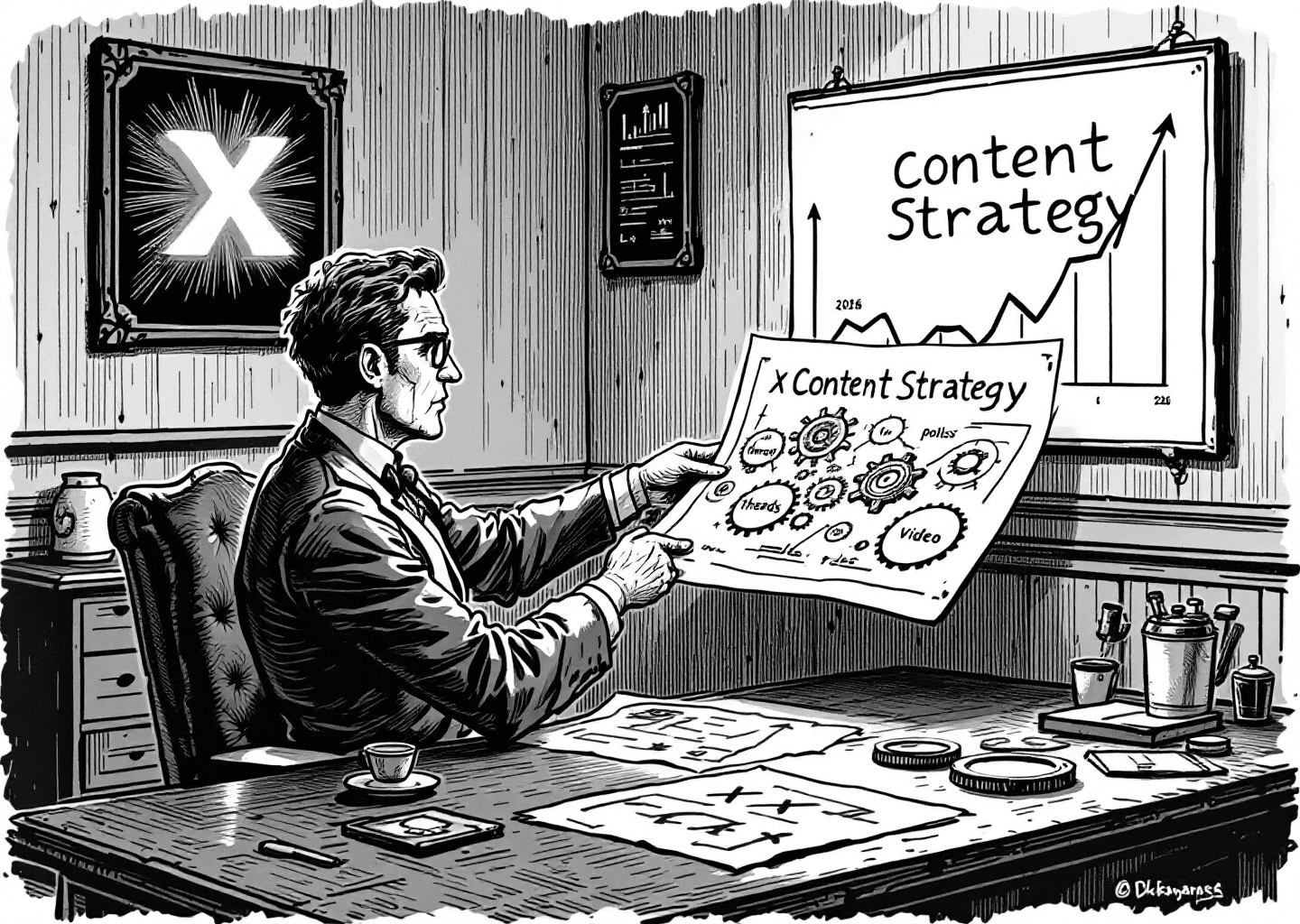 Victorian engraving style illustration. A focused strategist at a large wooden desk examines a detailed blueprint labeled 'X Content Strategy 2026'. On the blueprint are icons for threads, polls, and video. Gears and clockwork mechanisms connect the blueprint to a stylized, glowing 'X' logo. In the background, an upward-trending stock chart is etched into the wall.