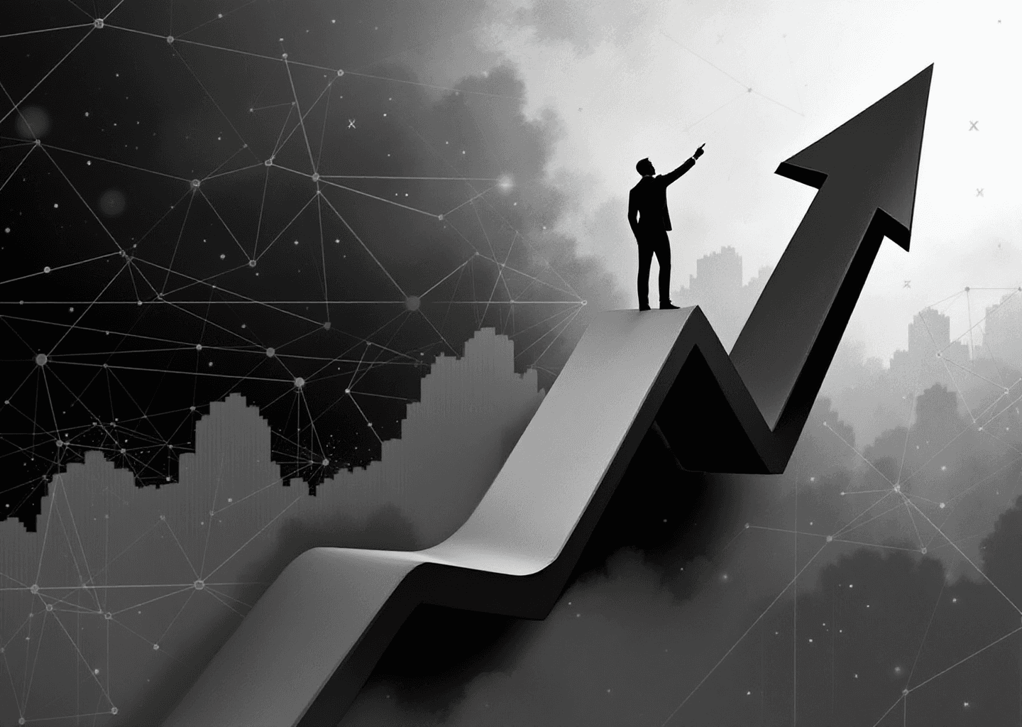 Victorian engraving style illustration. A central figure stands on a rising stock chart arrow, pointing upwards. In the background, subtle digital elements like a neural network pattern and faint X logo icons are woven into the classic engraved lines. The mood is one of progress, intellect, and digital enterprise.