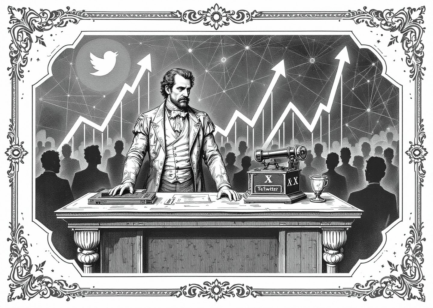 A Victorian engraving style illustration. A central figure, representing a creator, stands before a large, ornate desk. On the desk is an old-fashioned telegraph machine with a modern X/Twitter logo subtly engraved on its side, sending out a message. In the background, a complex network of lines, like a neural pattern or a social graph, connects silhouettes of other people. Upward-trending chart lines and gear motifs are integrated into the ornate border of the illustration, symbolizing growth and strategy.