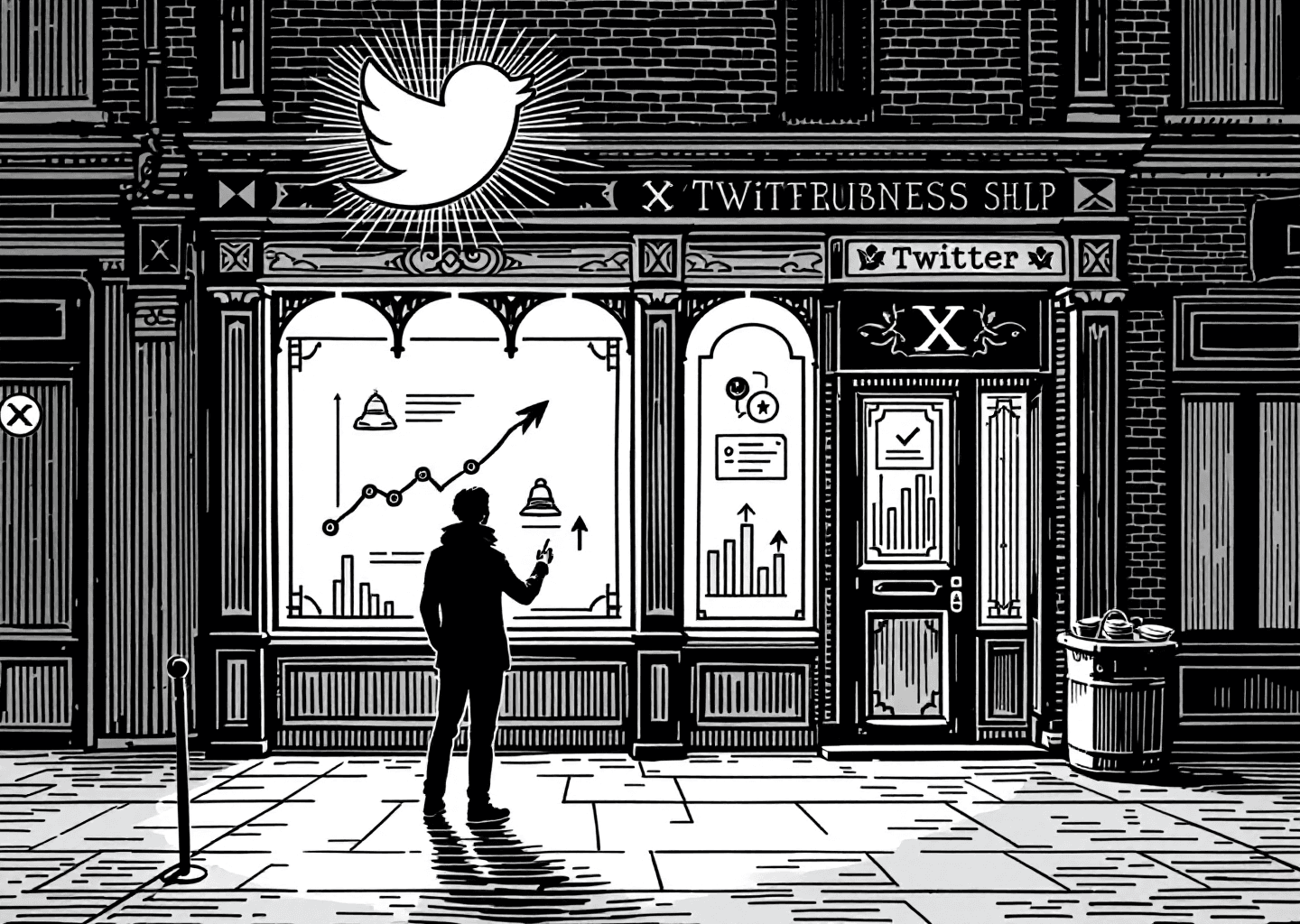 A Victorian engraving style illustration of a small business storefront with a large, glowing X/Twitter bird logo on the sign. Upward trending charts and notification bell icons are subtly integrated into the architecture. A silhouette figure is engaging with a digital timeline that flows out of the shop's door, representing customer engagement. The style is detailed, monochrome, and authoritative.